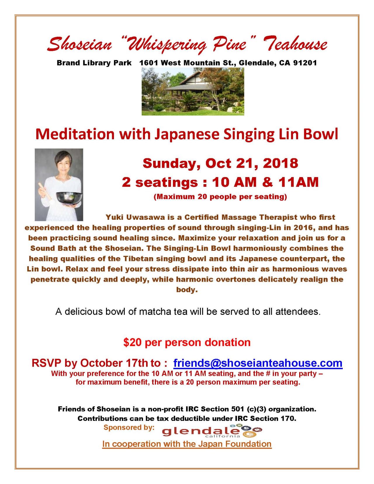 Shoseian Tea House 10-21-18 Japanese Singing Bowls- Event 1 - FLYER