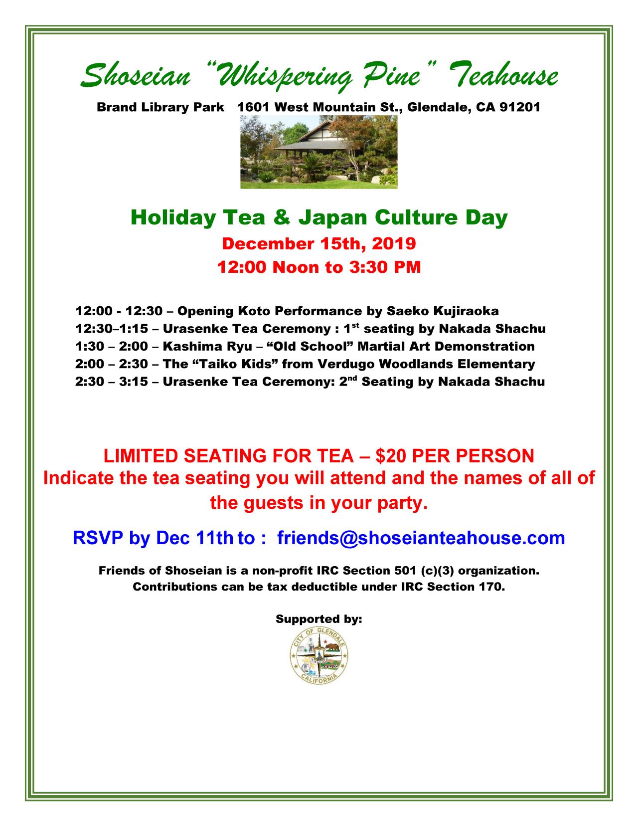 Shoseian Teahouse Holiday Tea flyer 12-15-2019 V2