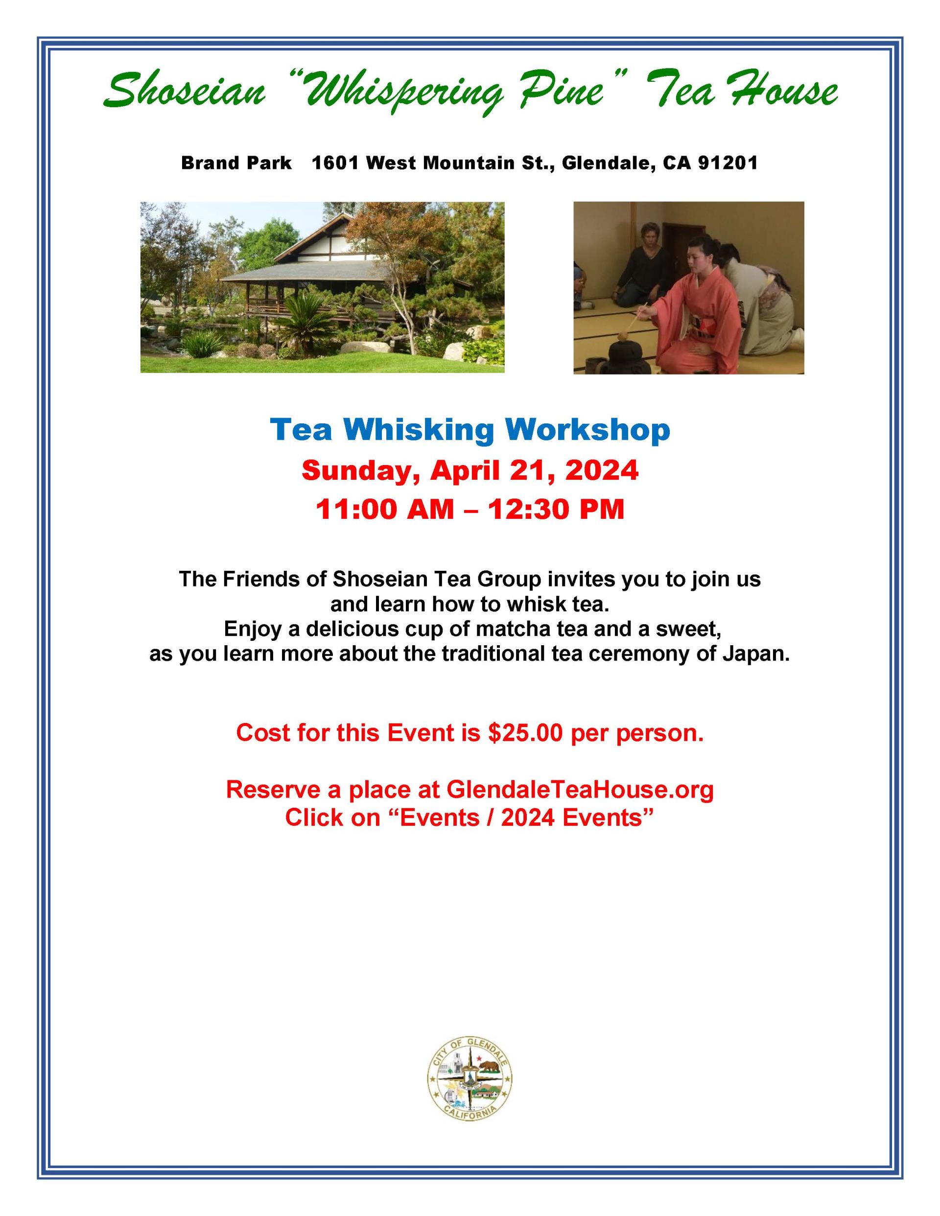 Shoseian Tea House -April 21 2024- Tea Whisking Workshop- Flyer V1